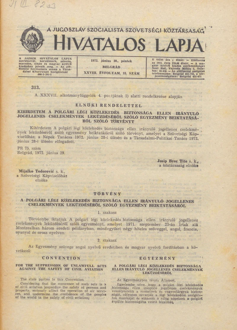 A Jugoszláv Szocialista Szövetségi Köztársaság Hivatalos Lapja, 28. évf. 1972. június 30. 33. sz. 625–684. oldal