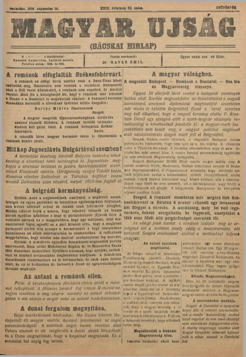 Bácskai Hirlap, 23. évf. 1919. augusztus 14. 52. sz.