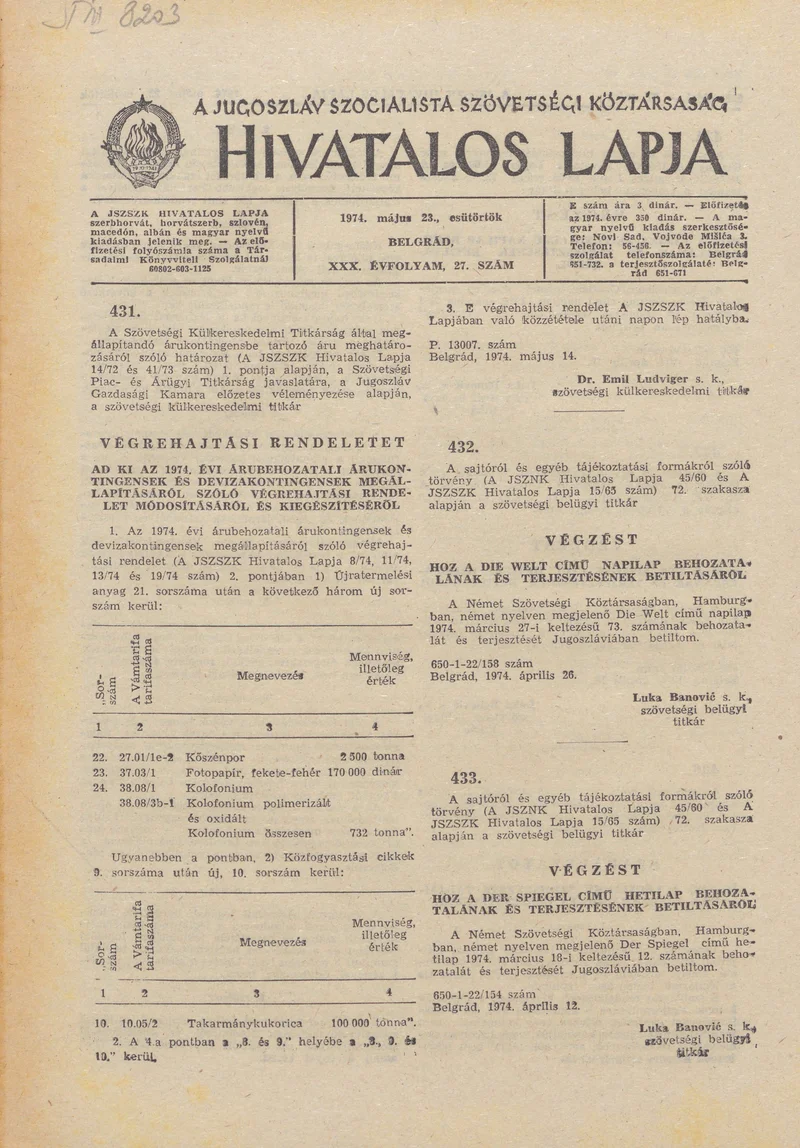 A Jugoszláv Szocialista Szövetségi Köztársaság Hivatalos Lapja, 30. évf. 1974. május 23. 27. sz. 857–868. oldal