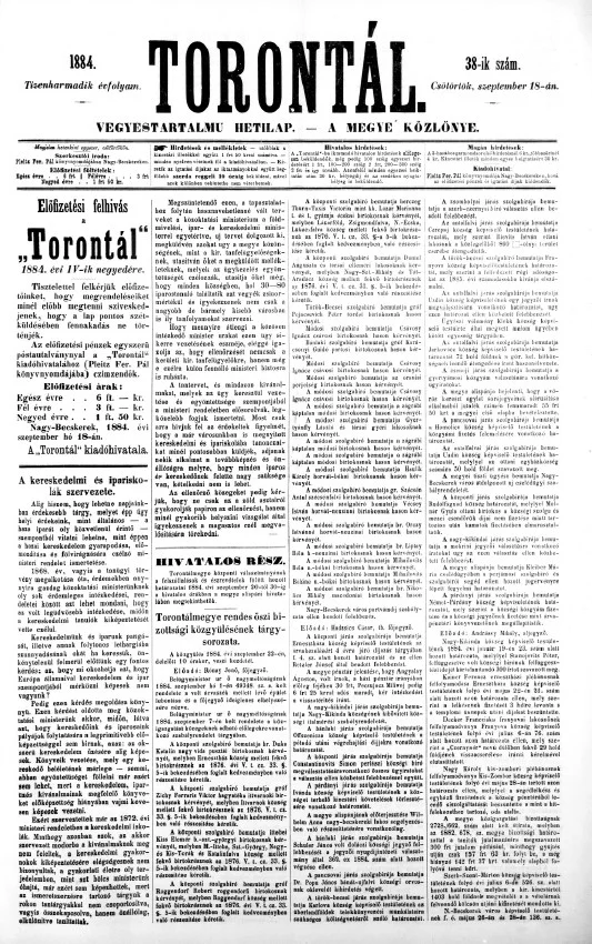 Torontál, 13. évf. 1884. szeptember 18. 38. sz.