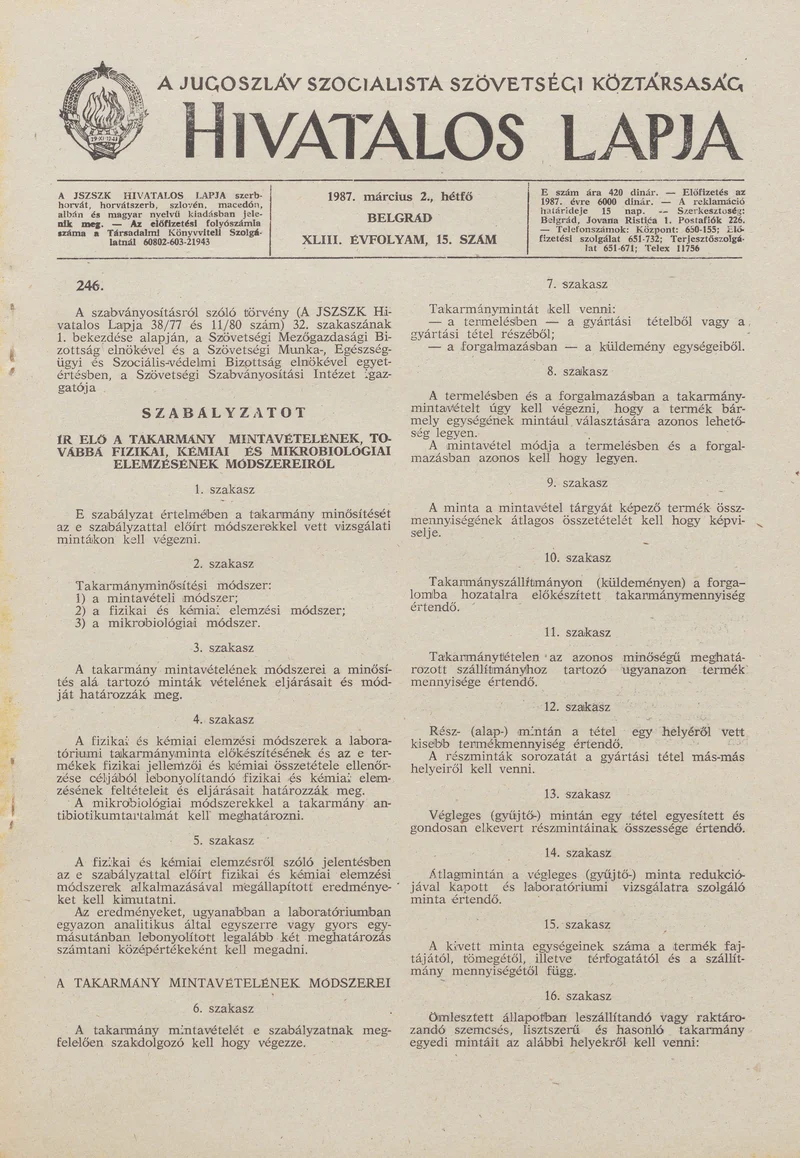 A Jugoszláv Szocialista Szövetségi Köztársaság Hivatalos Lapja, 43. évf. 1987. március 2. 15. sz. 421–468. oldal