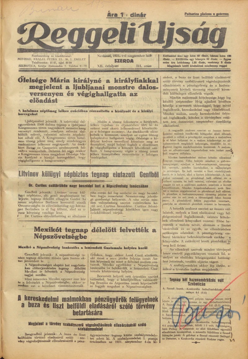 Reggeli Újság, 12. évf. 1931. szeptember 9. 211. sz.