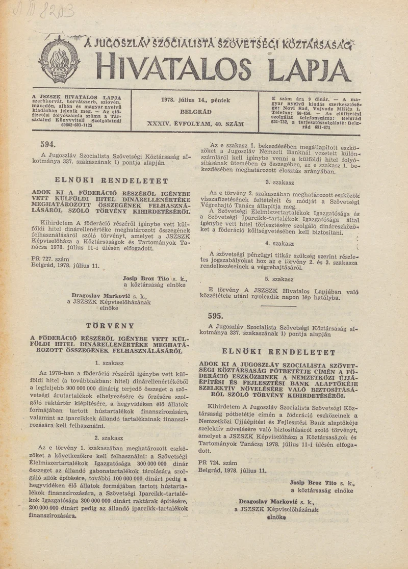 A Jugoszláv Szocialista Szövetségi Köztársaság Hivatalos Lapja, 34. évf. 1978. július 14. 40. sz. 1833–1868. oldal