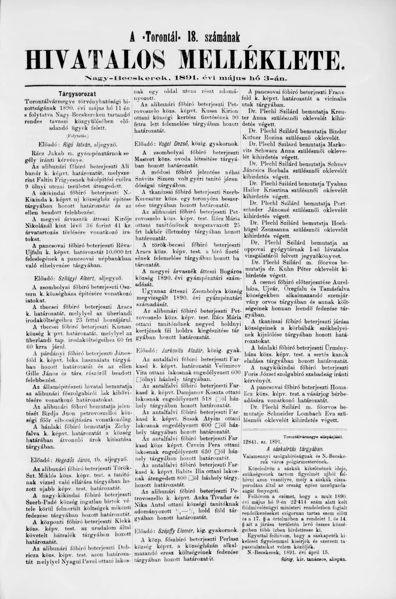 A Totontál  hivatalos melléklete, 4. évf. 1891. május 3. 18. sz.