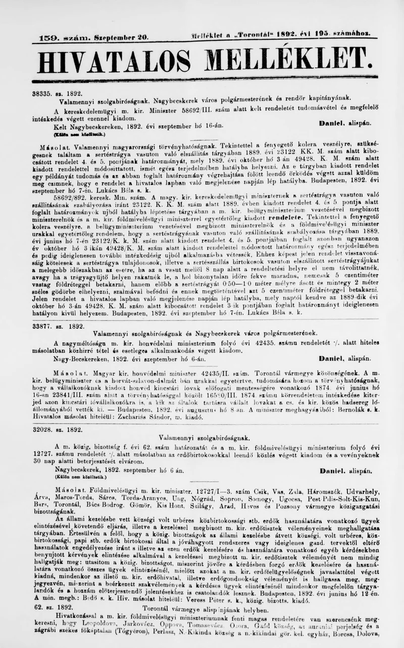 A Totontál  hivatalos melléklete, 5. évf. 1892. szeptember 20. 159. sz.