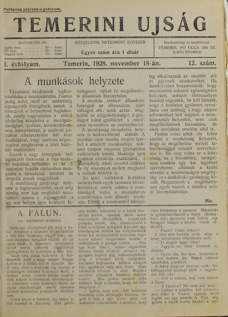 Temerini Újság 1928-1944, 1. évf. 1928. november 18. 12. sz.