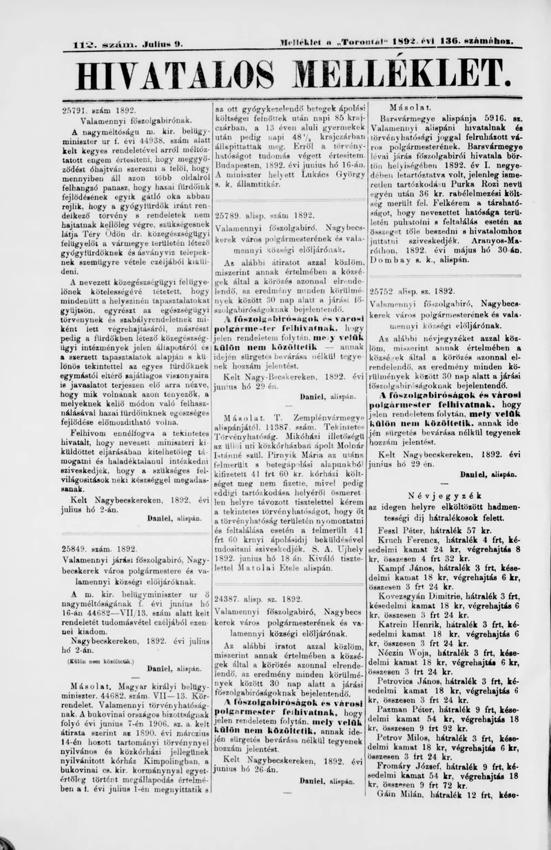 A Totontál  hivatalos melléklete, 5. évf. 1892. július 9. 112. sz.