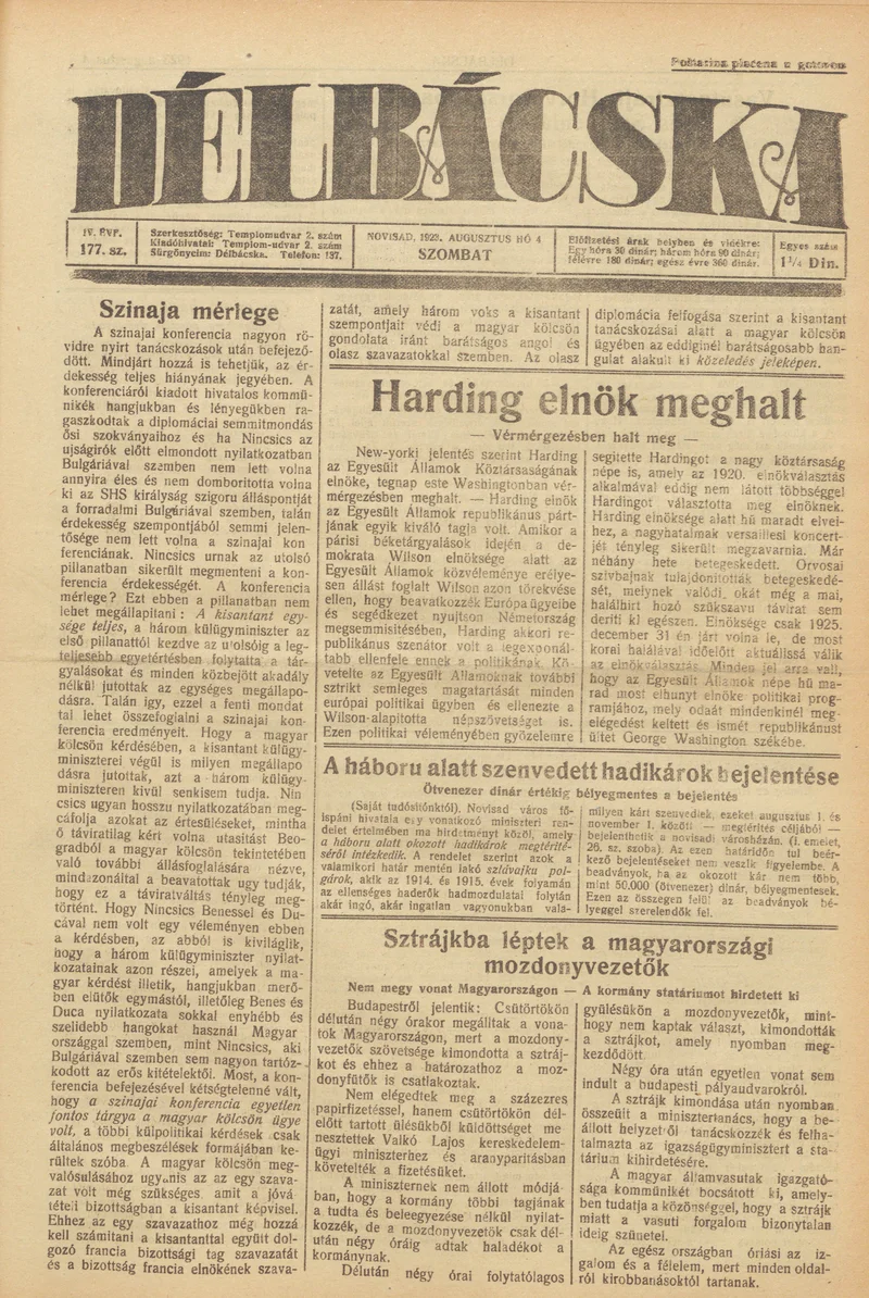Délbácska, 4. évf. 1923. augusztus 4. 177. sz.