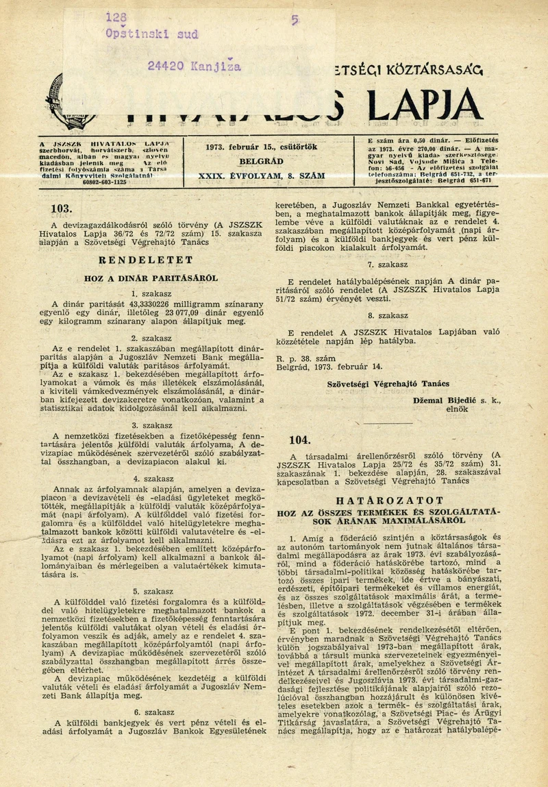 A Jugoszláv Szocialista Szövetségi Köztársaság Hivatalos Lapja, 29. évf. 1973. február 15. 8. sz. 193–196. oldal