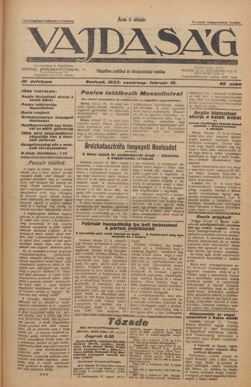 Vajdaság, 3. évf. 1923. február 18. 40. sz.
