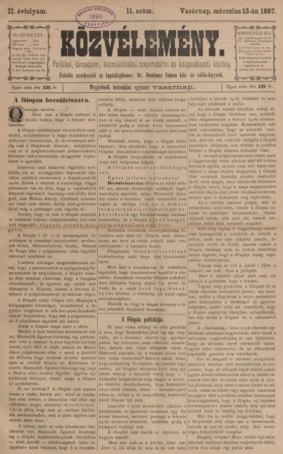Közvélemény, 2. évf. 1887. március 13. 11. sz.