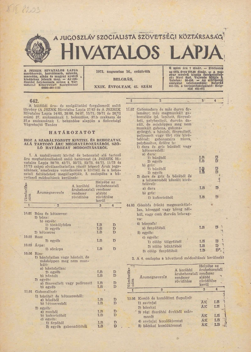 A Jugoszláv Szocialista Szövetségi Köztársaság Hivatalos Lapja, 29. évf. 1973. augusztus 16. 45. sz. 1393–1444. oldal