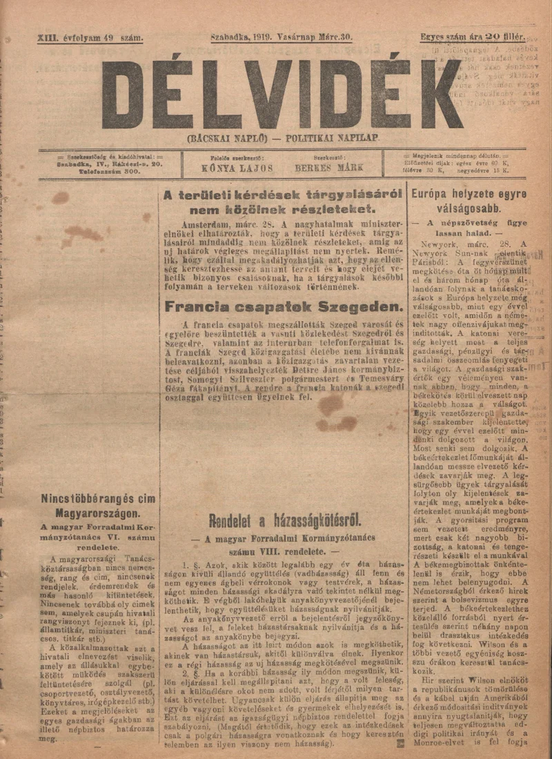 Délvidék, 13. évf. 1919. március 30. 49. sz.