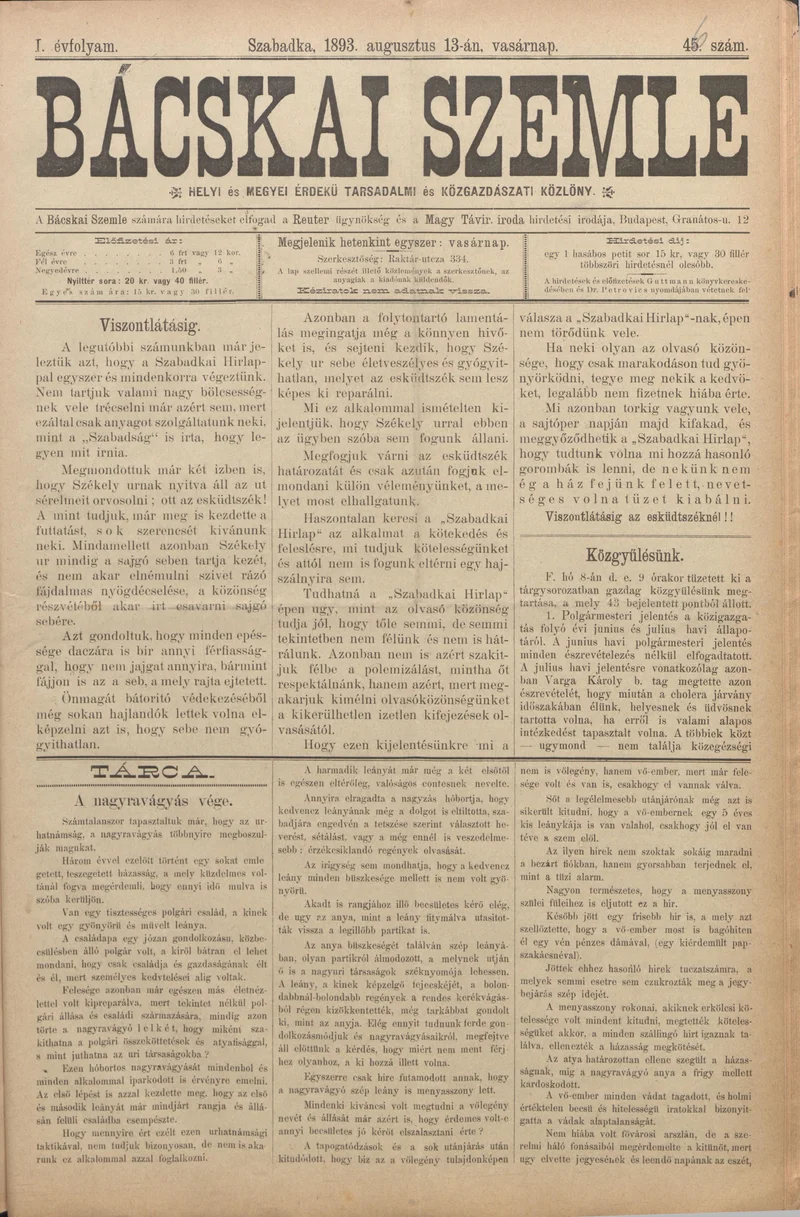 Bácskai Szemle, 1. évf. 1893. augusztus 13. 46. sz.
