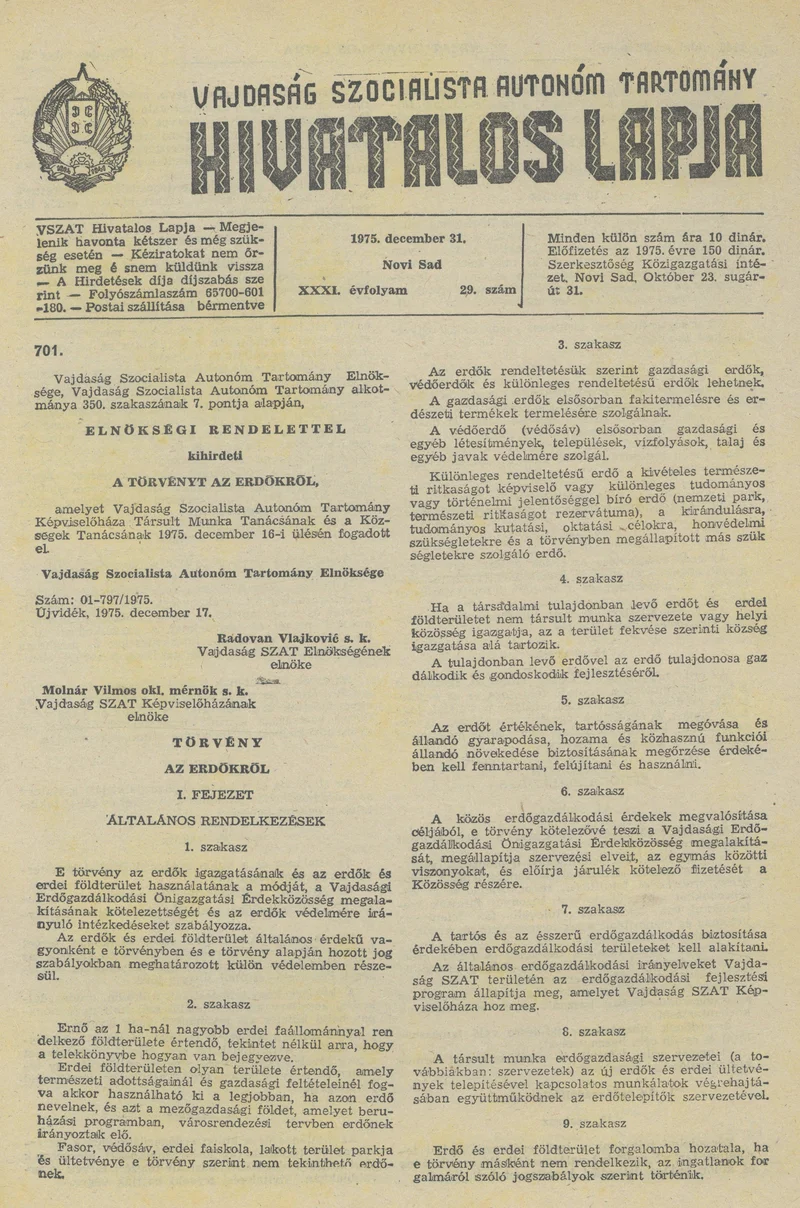 Vajdaság Szocialista Autonóm Tartomány Hivatalos Lapja, 31. évf. 1975. december 31. 29. sz. 1165–1196. oldal