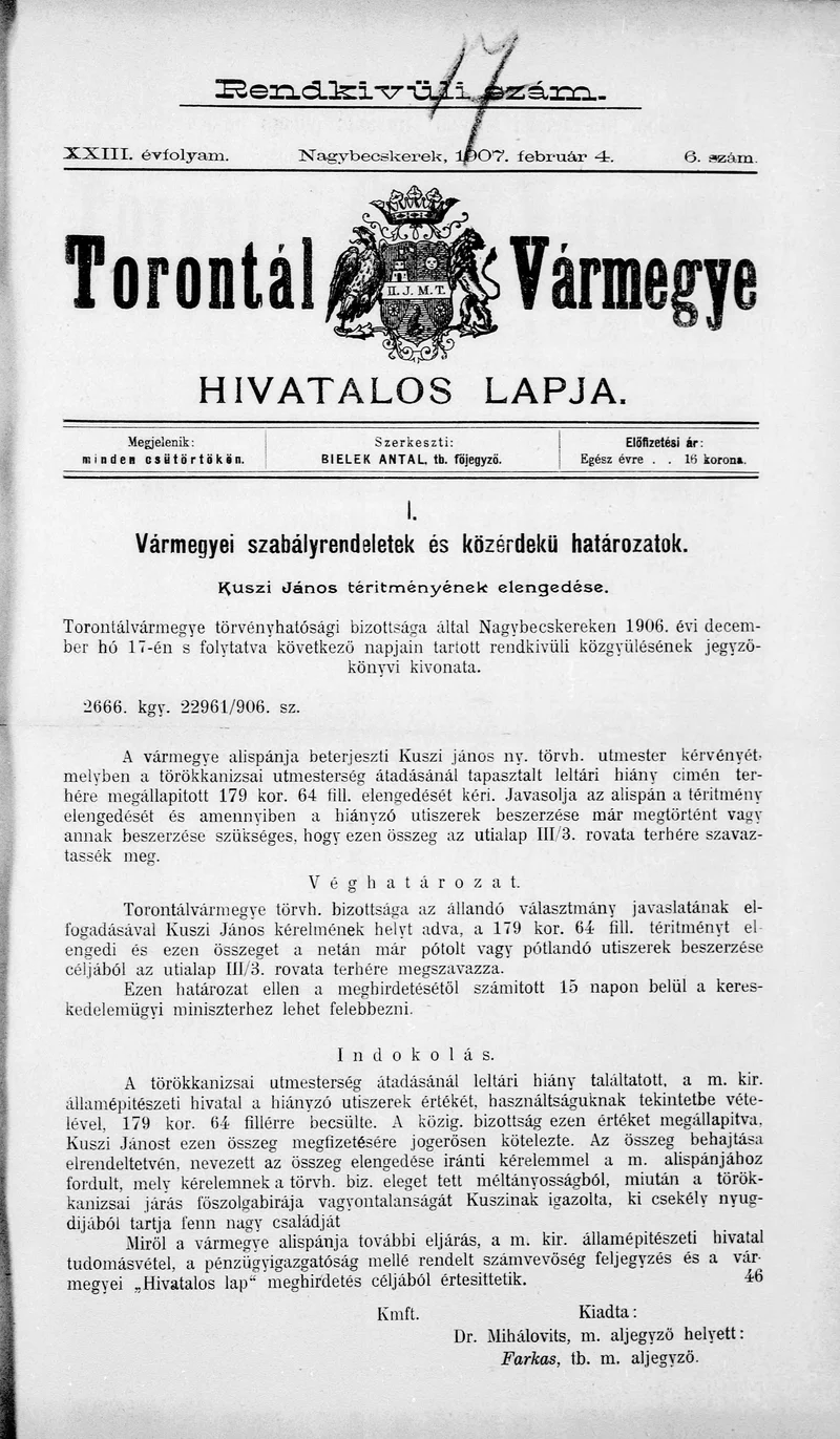 Torontál Vármegye Hivatalos Lapja, 23. évf. 1907. február 4. 6. sz.