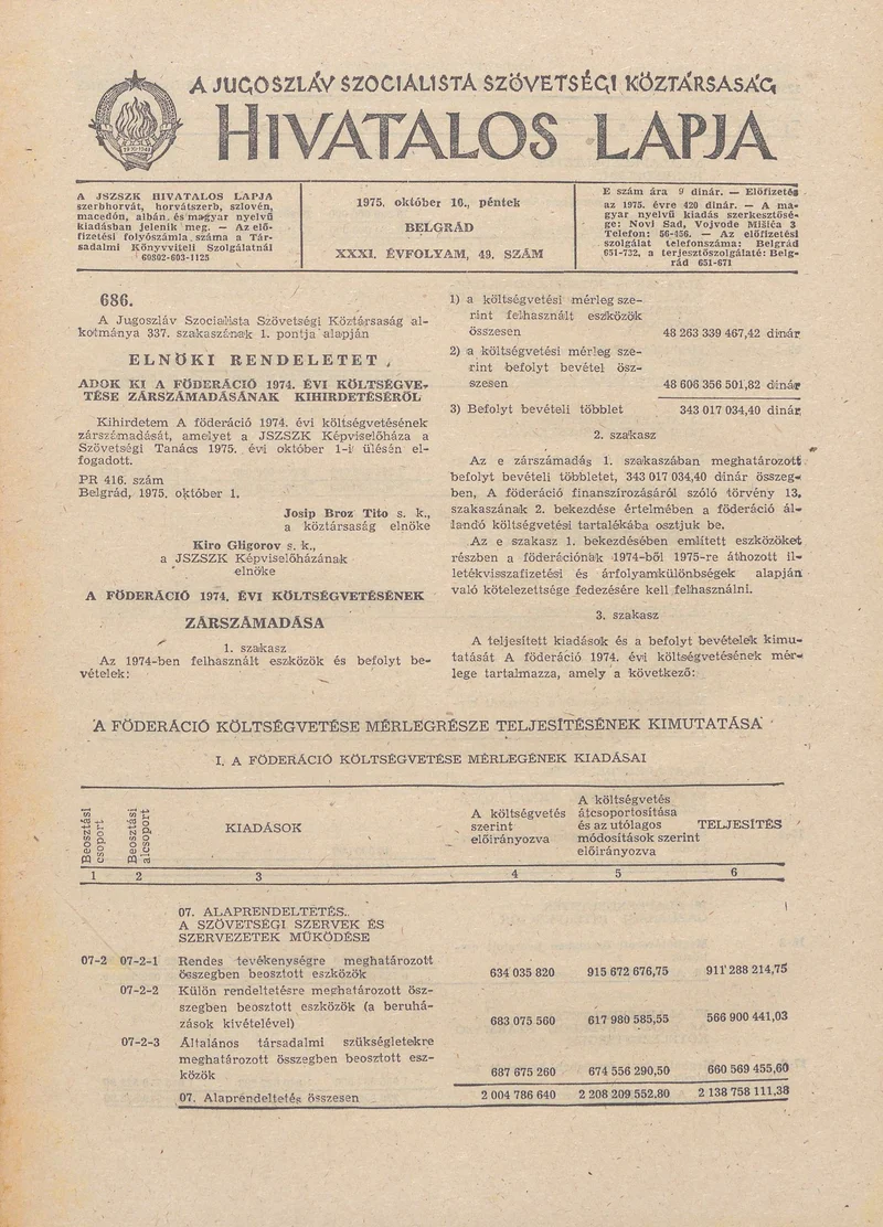 A Jugoszláv Szocialista Szövetségi Köztársaság Hivatalos Lapja, 31. évf. 1975. október 10. 49. sz. 1353–1364. oldal