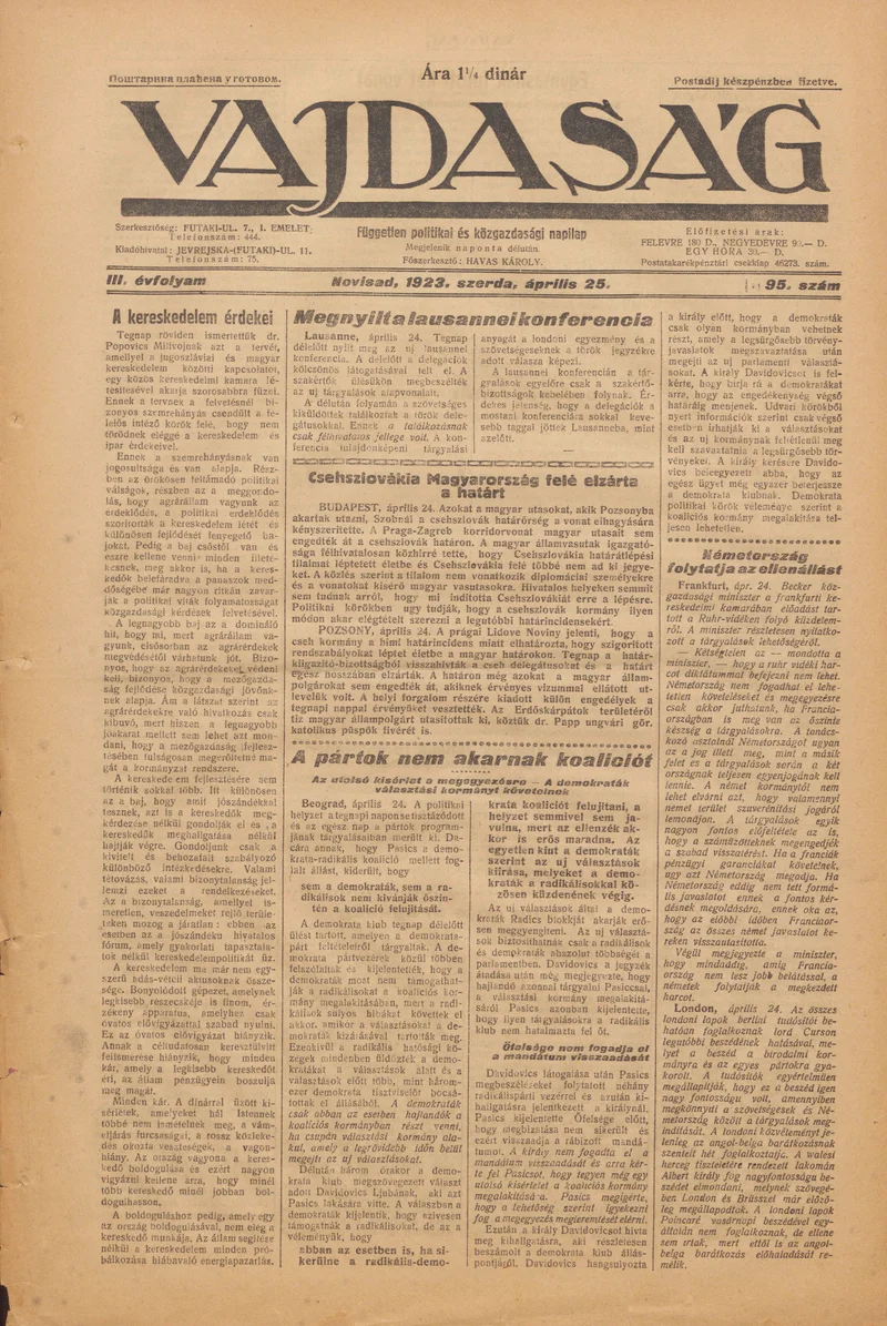 Vajdaság, 3. évf. 1923. április 25. 95. sz.