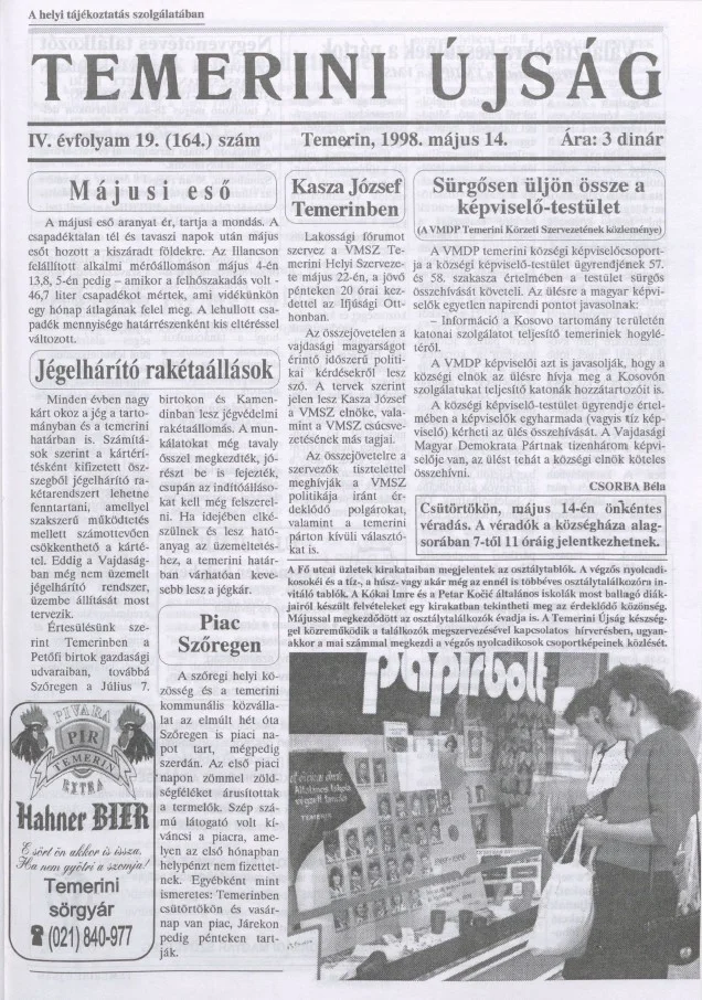 Temerini Újság, 4. évf. 1998. május 14. 19. sz.