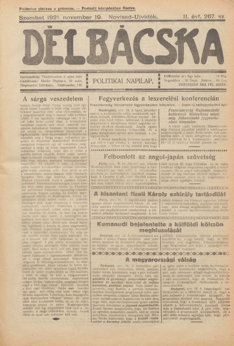 Délbácska, 2. évf. 1921. november 19. 267. sz.