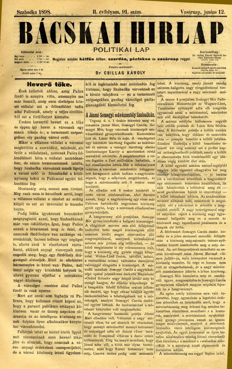 Bácskai Hirlap, 2. évf. 1898. június 12. 91. sz. 1–4. oldal