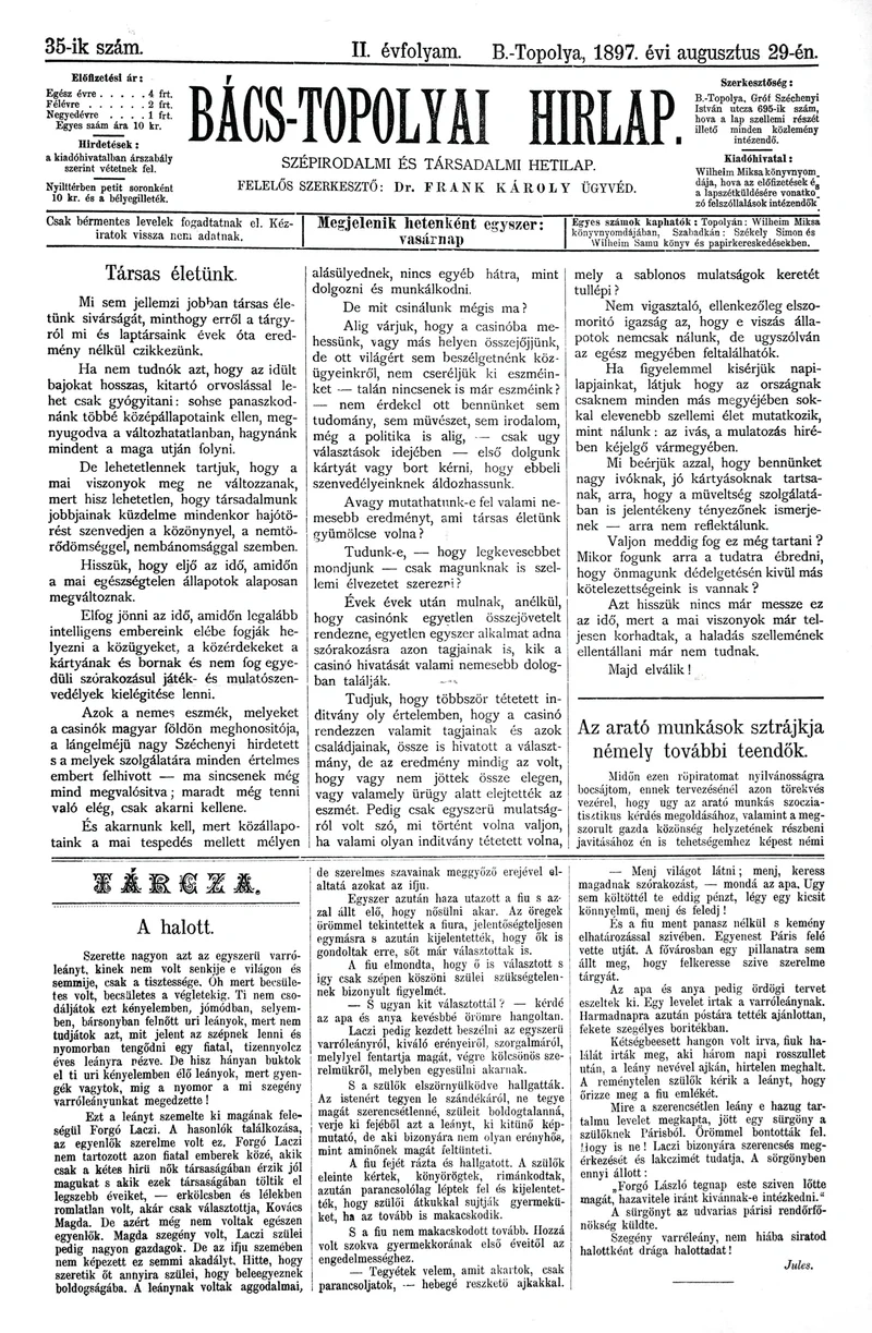 Bács-Topolyai Hirlap, 2. évf. 1897. augusztus 29. 35. sz.