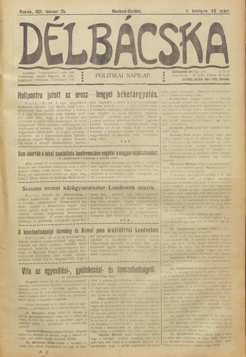 Délbácska, 2. évf. 1921. február 25. 45. sz.