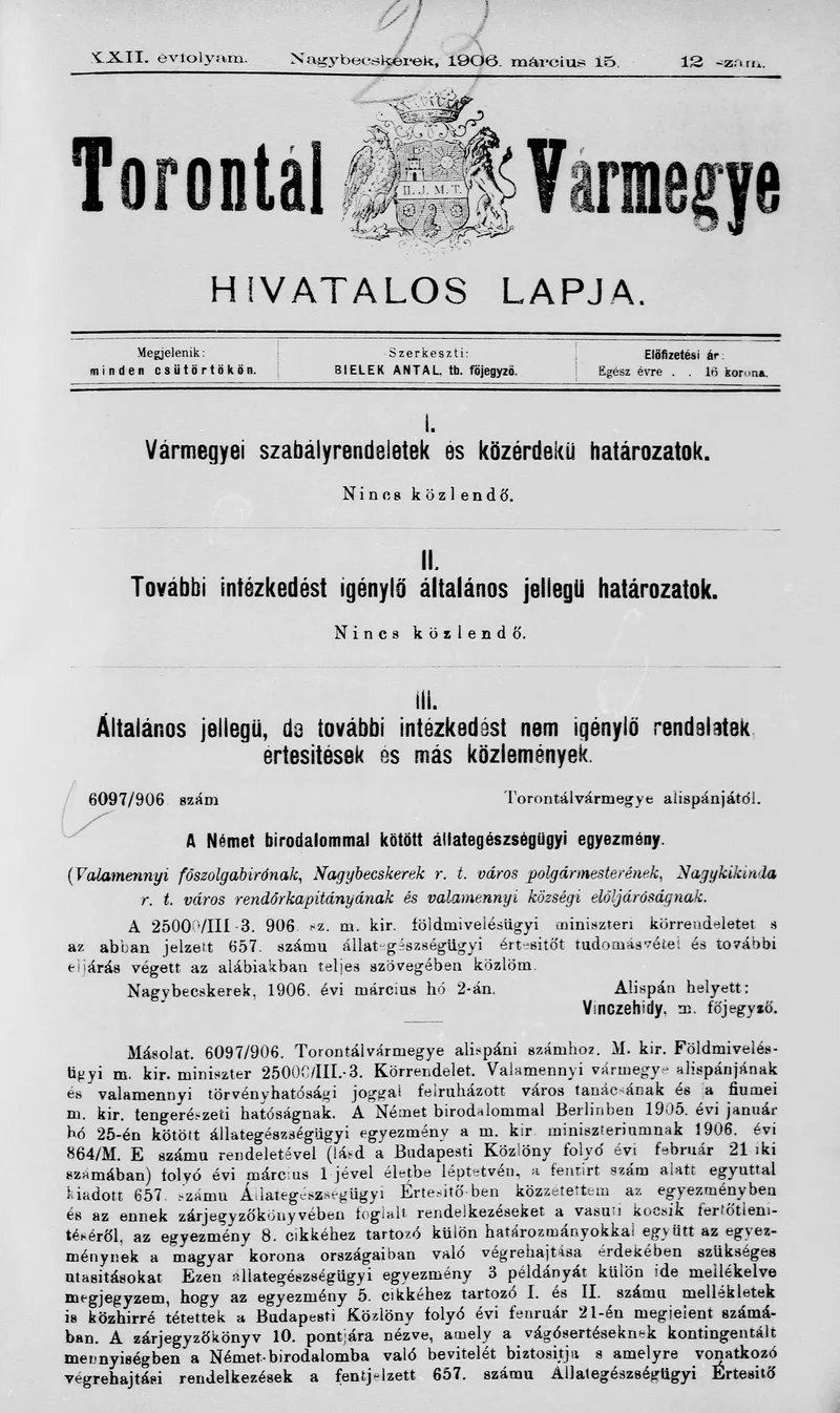 Torontál Vármegye Hivatalos Lapja, 22. évf. 1906. március 15. 12. sz.