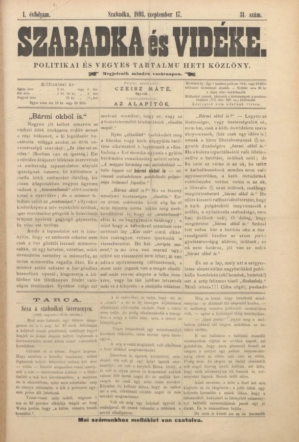Szabadka és vidéke II, 1. évf. 1893. szeptember 17. 31. sz.