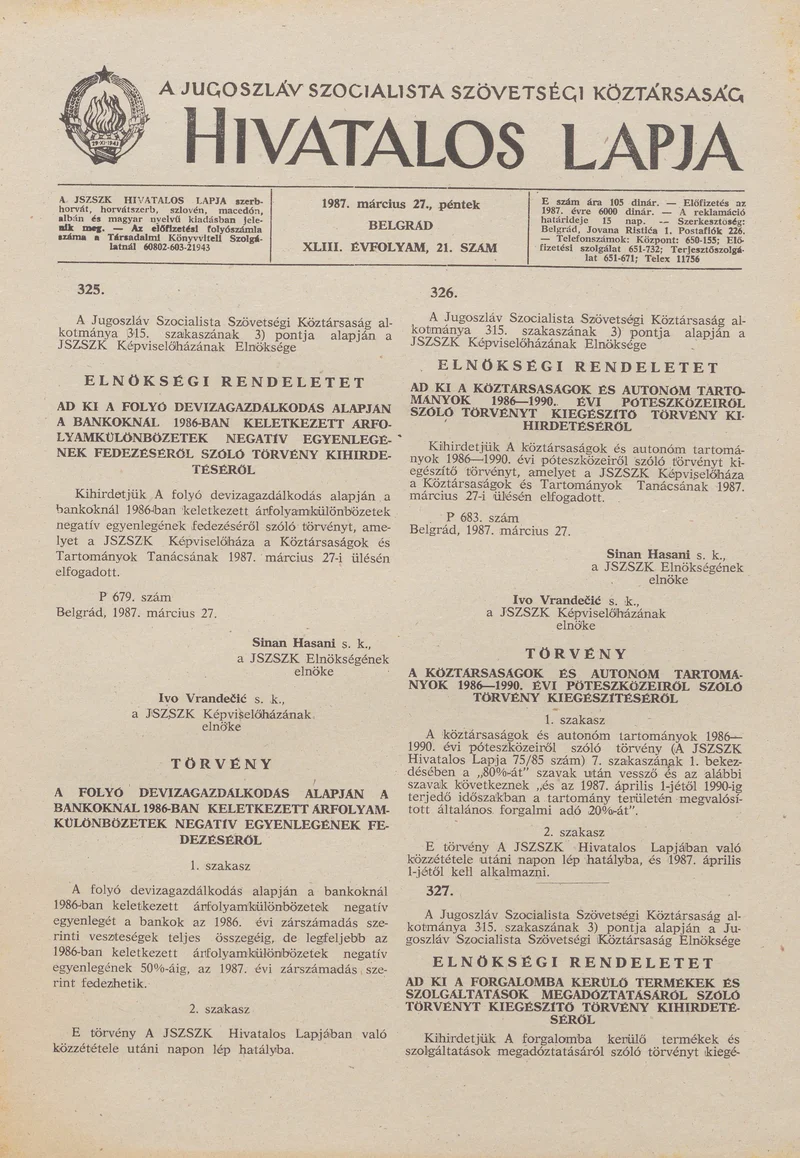 A Jugoszláv Szocialista Szövetségi Köztársaság Hivatalos Lapja, 43. évf. 1987. március 27. 21. sz. 573–584. oldal