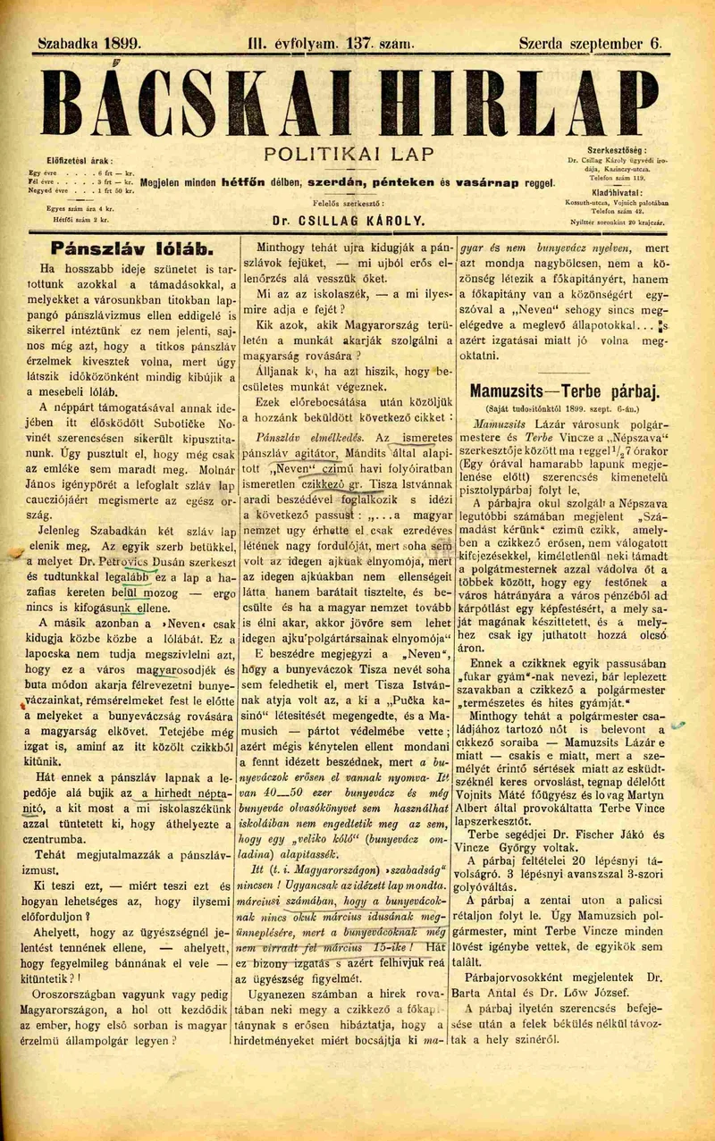 Bácskai Hirlap, 3. évf. 1899. szeptember 6. 137. sz.