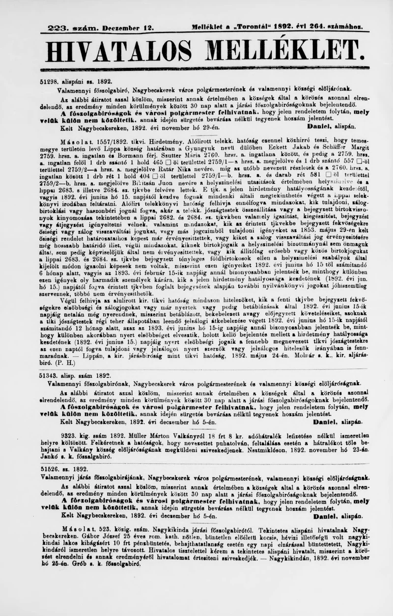 A Totontál  hivatalos melléklete, 5. évf. 1892. december 12. 223. sz.