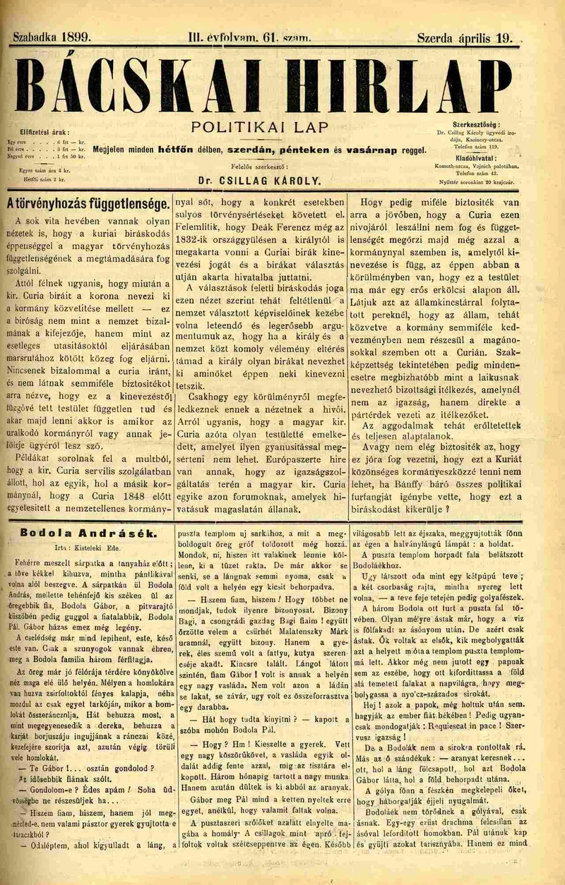 Bácskai Hirlap, 3. évf. 1899. április 19. 61. sz.