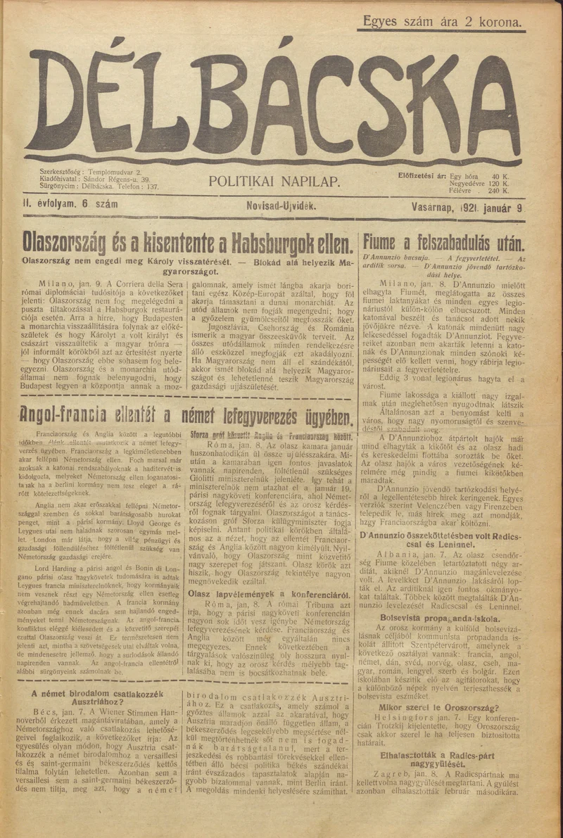 Délbácska, 2. évf. 1921. január 9. 6. sz.