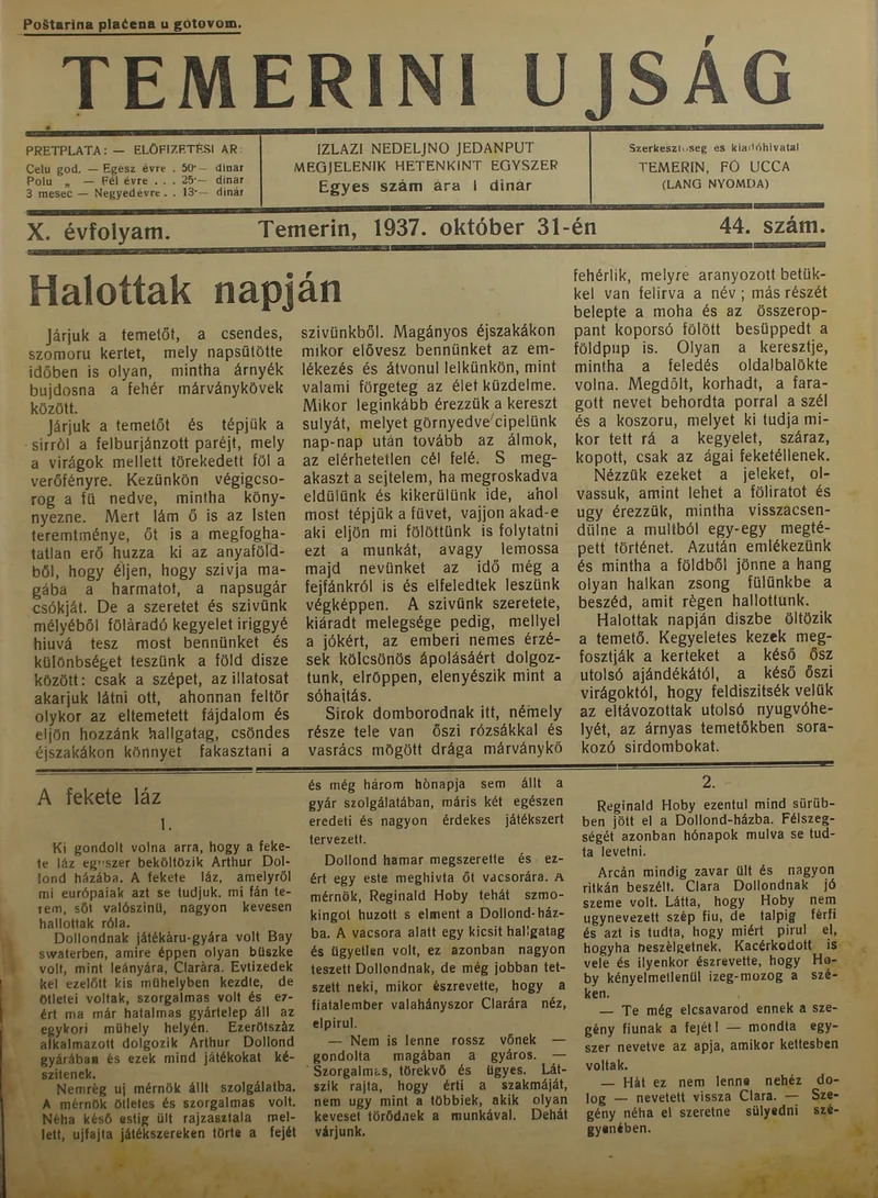 Temerini Újság 1928-1944, 10. évf. 1937. október 31. 44. sz.