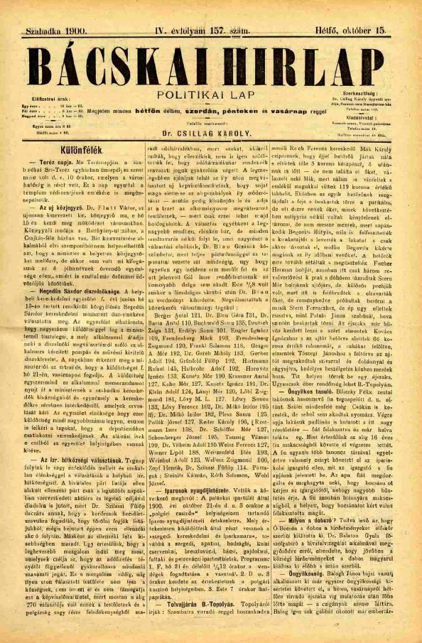 Bácskai Hirlap, 4. évf. 1900. október 15. 157. sz.