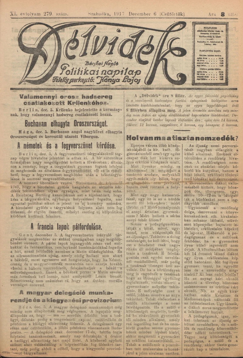 Délvidék, 11. évf. 1917. december 6. 279. sz.