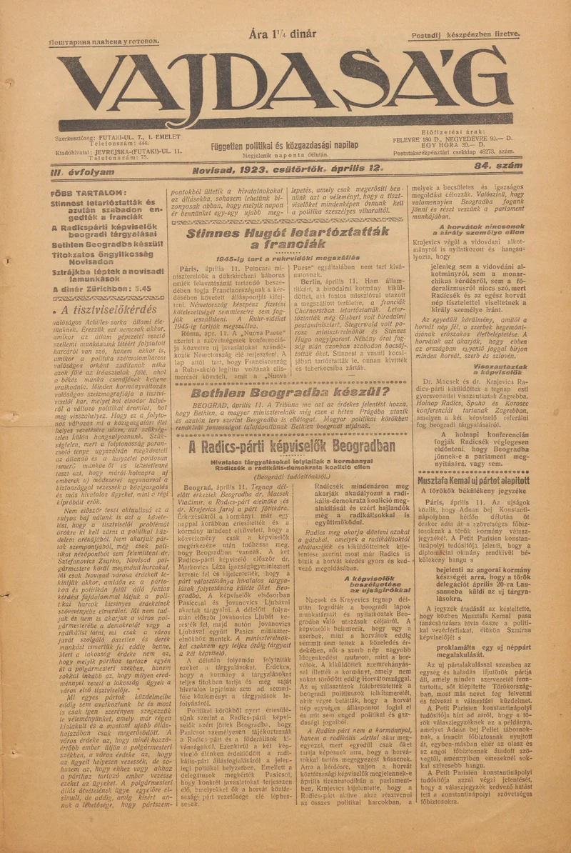 Vajdaság, 3. évf. 1923. április 12. 84. sz.