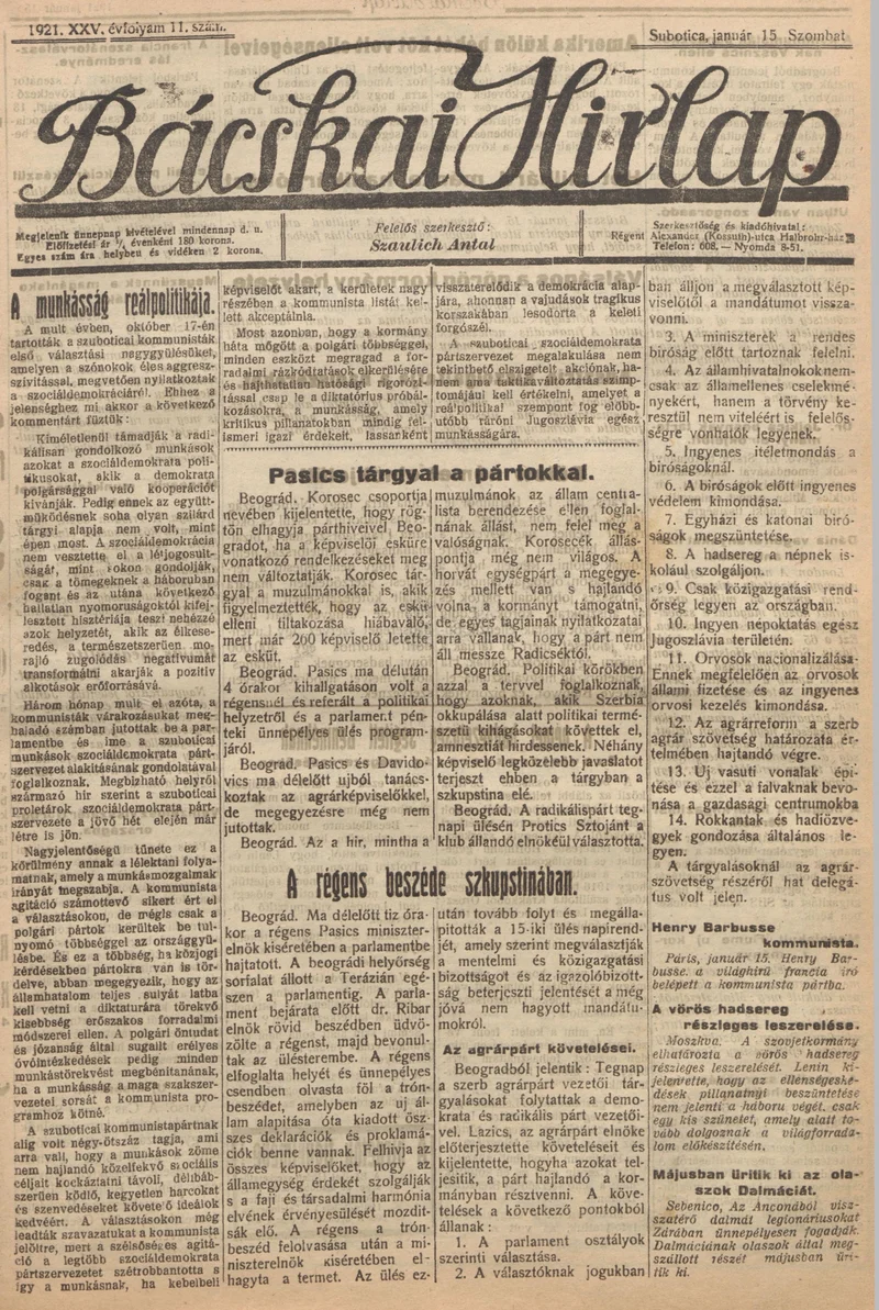 Bácskai Hirlap, 25. évf. 1921. január 15. 11. sz.