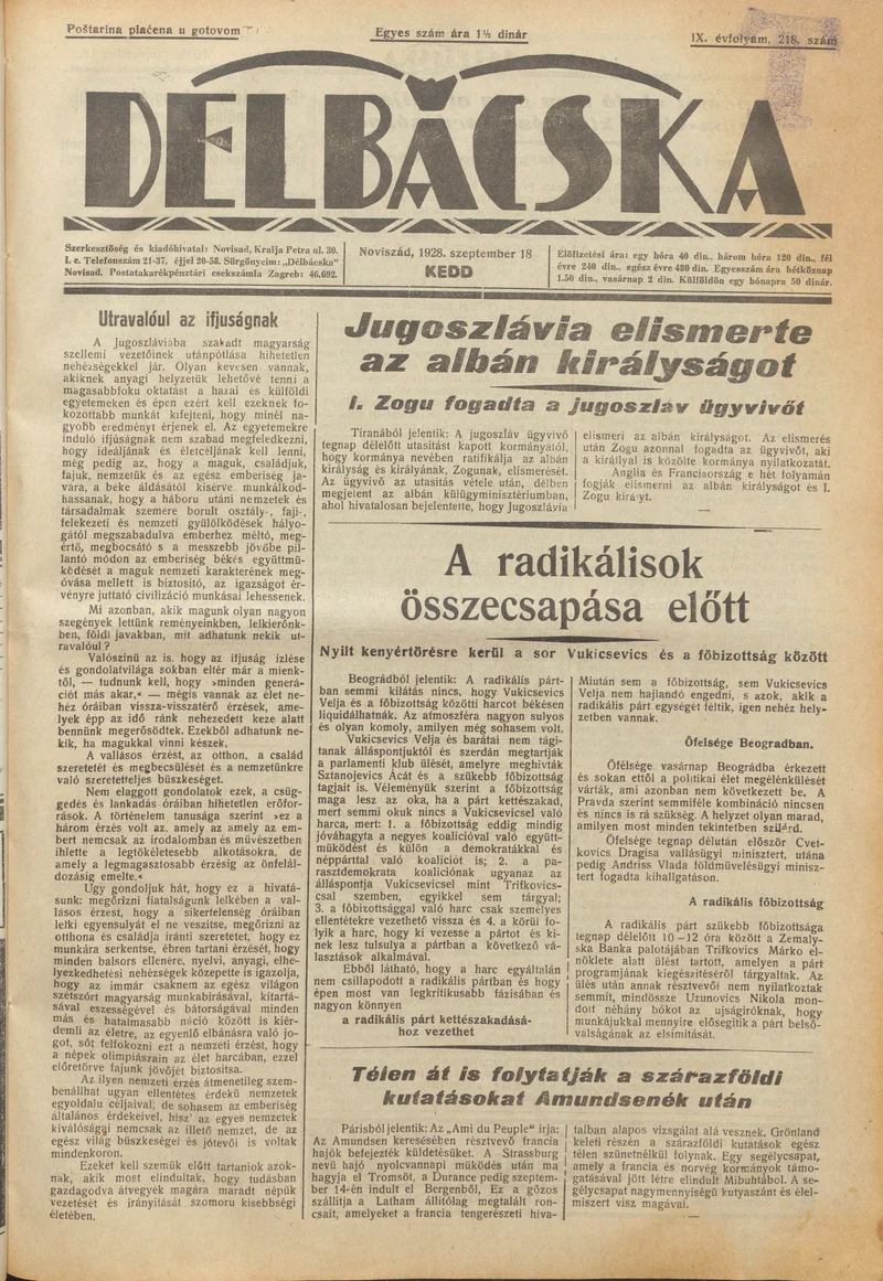 Délbácska, 9. évf. 1928. szeptember 18. 218. sz.