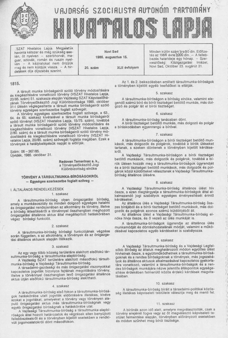 Vajdaság Szocialista Autonóm Tartomány Hivatalos Lapja, 42. évf. 1986. augusztus 20. 20. sz.