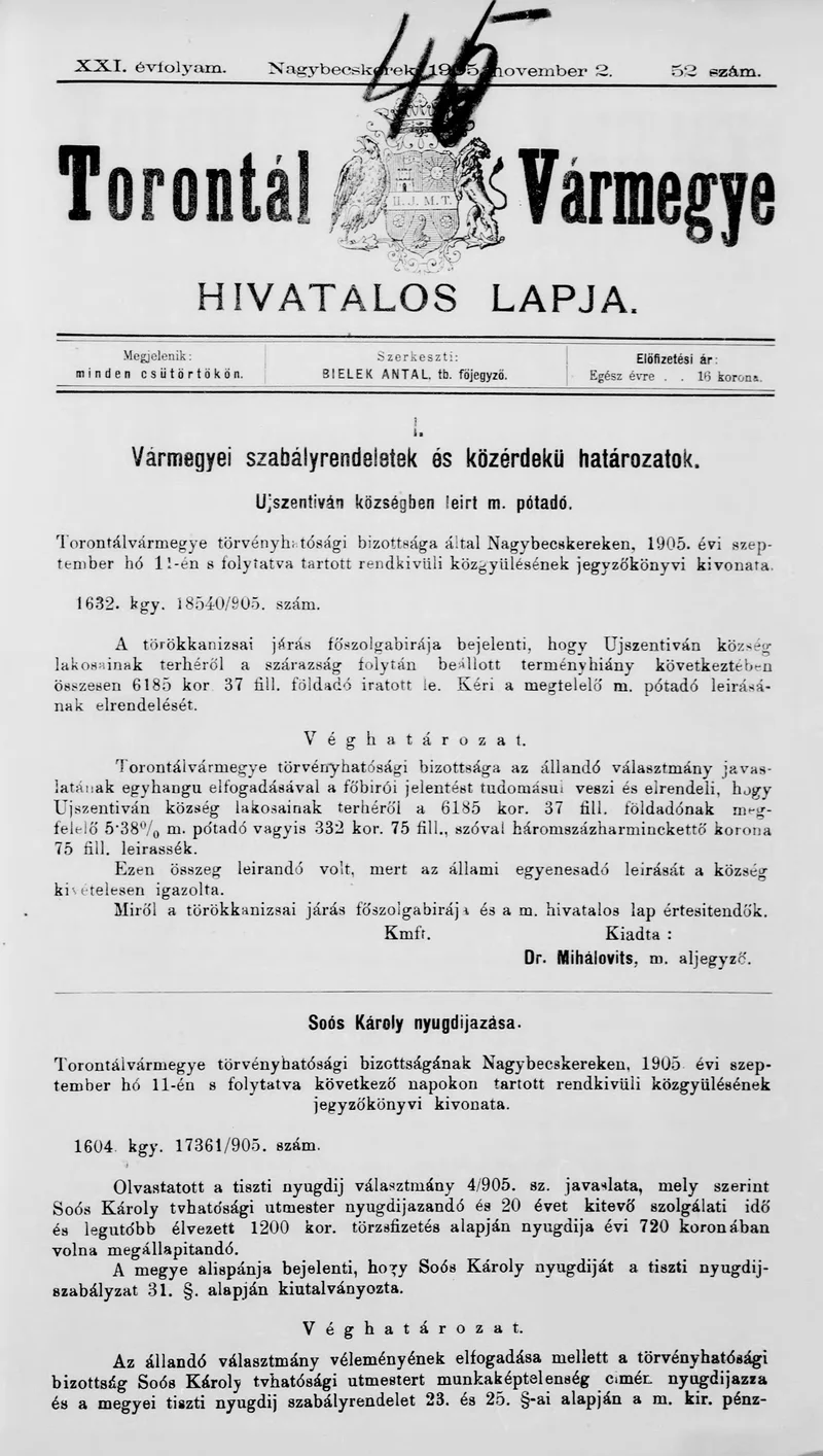 Torontál Vármegye Hivatalos Lapja, 21. évf. 1905. november 2. 52. sz.