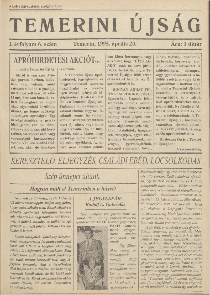 Temerini Újság, 1. évf. 1995. április 20. 6. sz.