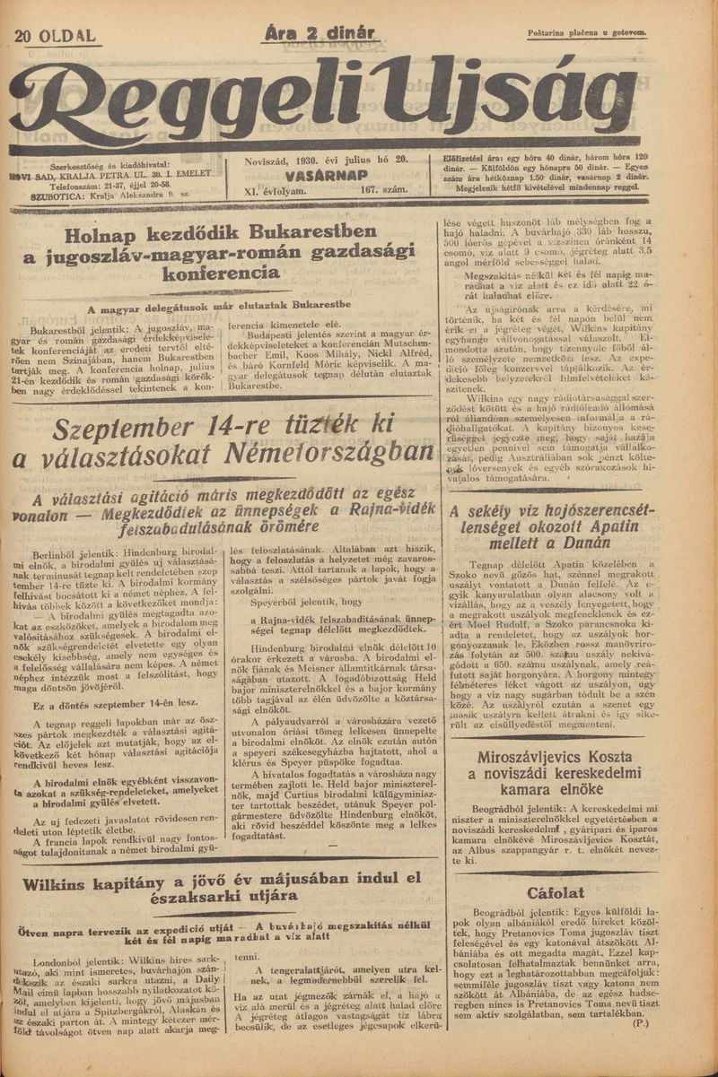 Reggeli Újság, 11. évf. 1930. július 20. 167. sz.