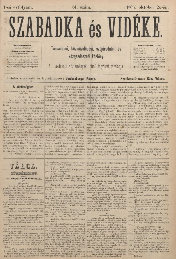 Szabadka és vidéke, 1. évf. 1877. október 25. 31. sz.