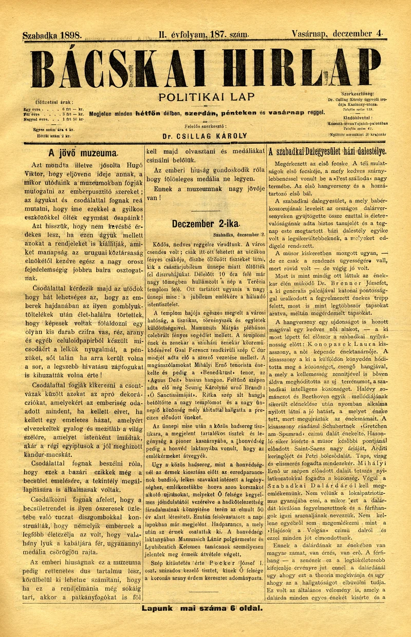 Bácskai Hirlap, 2. évf. 1898. december 4. 187. sz. 1–6. oldal