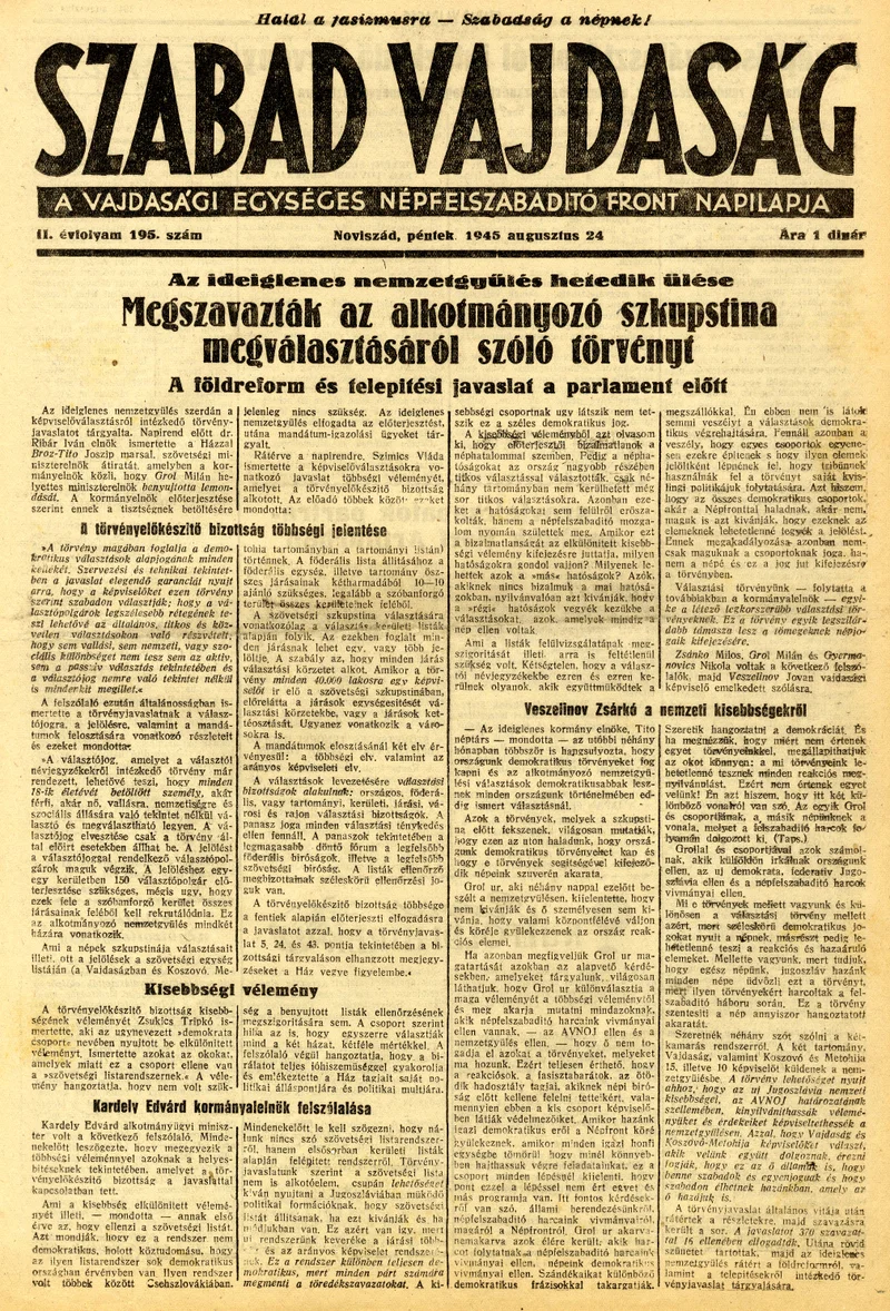 Szabad Vajdaság, 2. évf. 1945. augusztus 24. 195. sz.