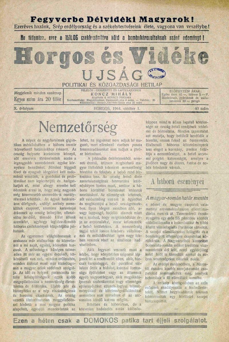 Horgos és vidéke, 9. évf. 1944. október 1. 40. sz.