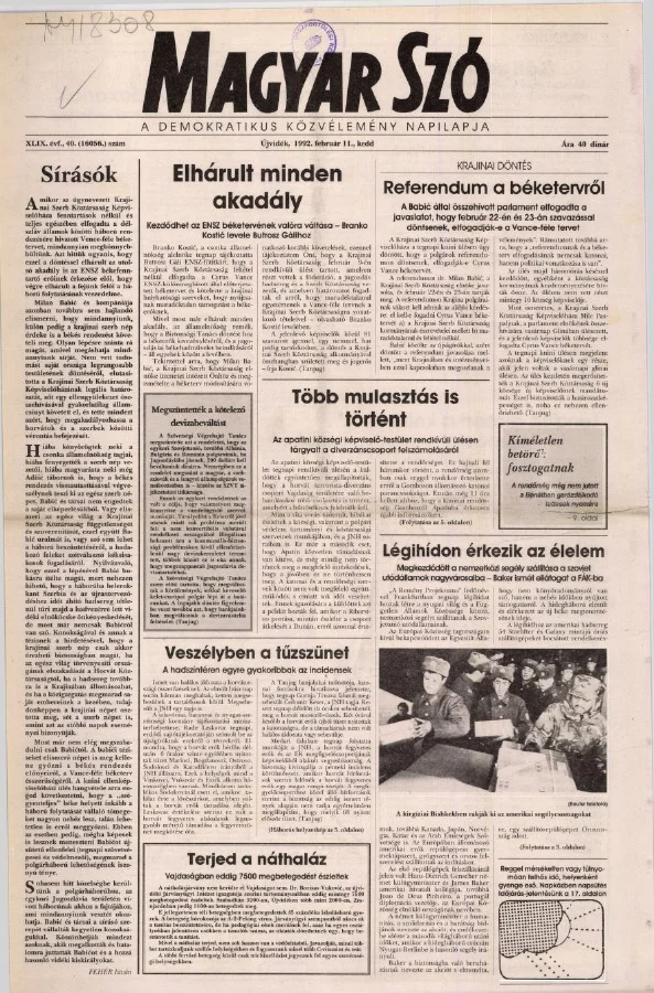Magyar Szó, 49. évf. 1992. február 11. 40. sz. 1–20. oldal