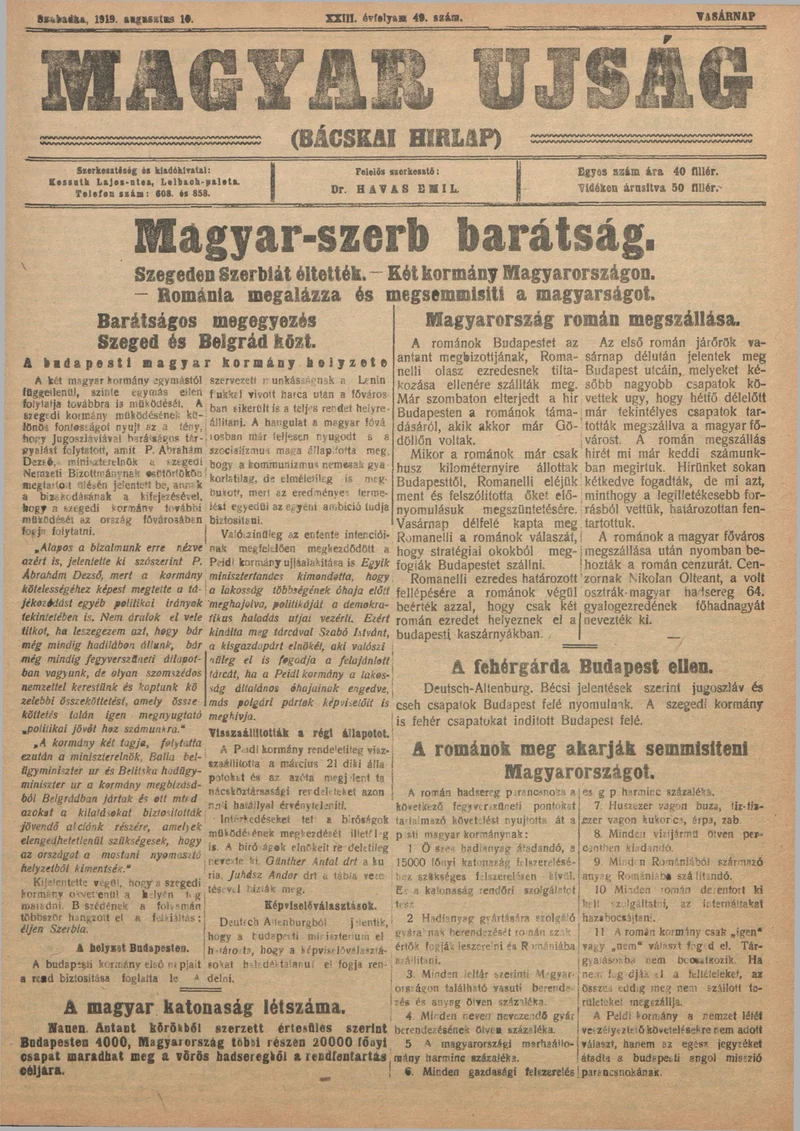 Bácskai Hirlap, 23. évf. 1919. augusztus 10. 49. sz.